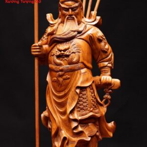 Quan Công chống đao cầm cờ gỗ hương