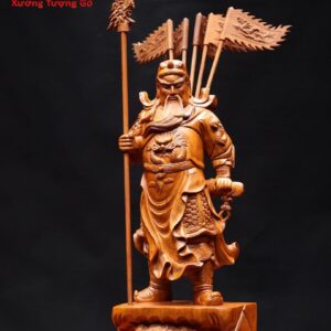 Quan Công chống đao cầm cờ gỗ hương