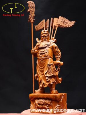 Quan Công chống đao cầm cờ gỗ hương