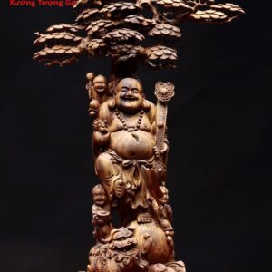 Di Lặc ngũ phúc cầm gậy như ý đứng tùng gỗ sưa.