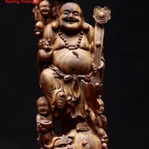 Di Lặc ngũ phúc cầm gậy như ý đứng tùng gỗ sưa.