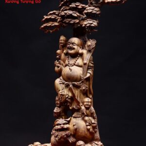 Di Lặc ngũ phúc cầm gậy như ý đứng tùng gỗ sưa.