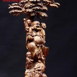Di Lặc ngũ phúc cầm gậy như ý đứng tùng gỗ sưa.