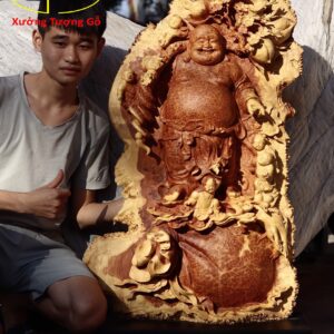 Di Lặc ngũ tiểu vác đào đứng bao tiền  gỗ nu hương