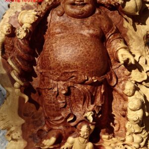 Di Lặc ngũ tiểu vác đào đứng bao tiền  gỗ nu hương