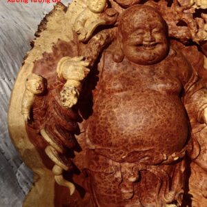 Di Lặc ngũ tiểu vác đào đứng bao tiền  gỗ nu hương