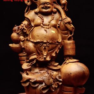 Di Lặc đứng bao tiền cá chép gỗ hương.