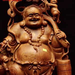 Di Lặc đứng bao tiền cá chép gỗ hương.