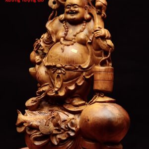 Di Lặc đứng bao tiền cá chép gỗ hương.
