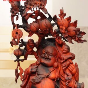Di Lặc đứng bao ngũ tiểu( ngũ phúc) vác cành đào gỗ trắc.