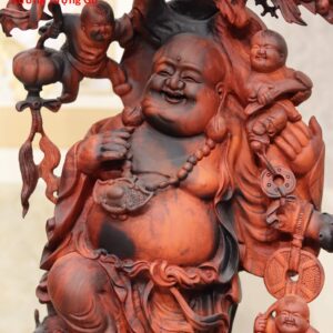 Di Lặc đứng bao ngũ tiểu( ngũ phúc) vác cành đào gỗ trắc.