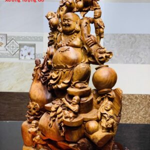 Di Lặc ngũ tiểu(ngũ phúc) vác cành đào đứng bao tiền gỗ hương