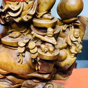 Di Lặc ngũ tiểu(ngũ phúc) vác cành đào đứng bao tiền gỗ hương