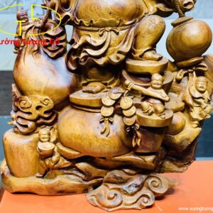 Di Lặc ngũ tiểu(ngũ phúc) vác cành đào đứng bao tiền gỗ hương