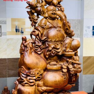 Di Lặc ngũ tiểu(ngũ phúc) vác cành đào đứng bao tiền gỗ hương