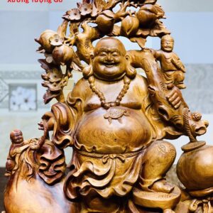 Di Lặc ngũ tiểu(ngũ phúc) vác cành đào đứng bao tiền gỗ hương