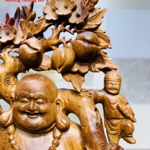 Di Lặc ngũ tiểu(ngũ phúc) vác cành đào đứng bao tiền gỗ hương