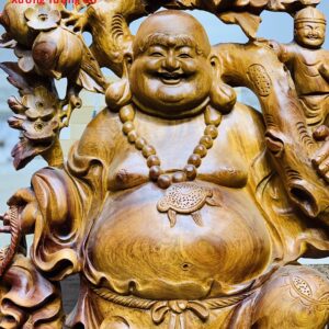 Di Lặc ngũ tiểu(ngũ phúc) vác cành đào đứng bao tiền gỗ hương