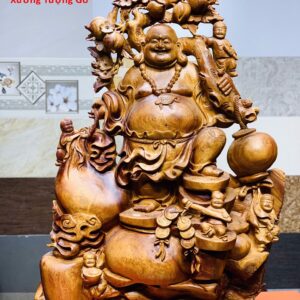 Di Lặc ngũ tiểu(ngũ phúc) vác cành đào đứng bao tiền gỗ hương