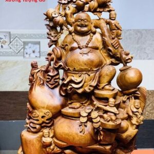Di Lặc ngũ tiểu(ngũ phúc) vác cành đào đứng bao tiền gỗ hương