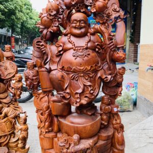 Di Lặc ngũ tiểu( ngũ phúc) vác đào đứng vàng gỗ hương