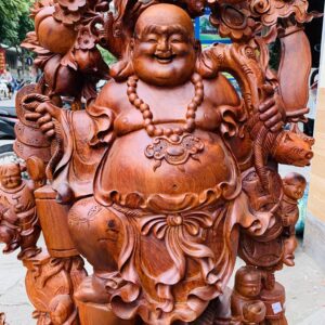 Di Lặc ngũ tiểu( ngũ phúc) vác đào đứng vàng gỗ hương
