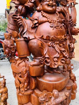 Di Lặc ngũ tiểu( ngũ phúc) vác đào đứng vàng gỗ hương