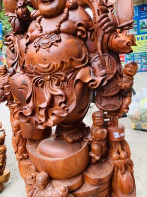 Di Lặc ngũ tiểu( ngũ phúc) vác đào đứng vàng gỗ hương