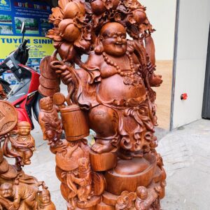 Di Lặc ngũ tiểu( ngũ phúc) vác đào đứng vàng gỗ hương