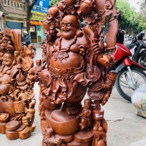 Di Lặc ngũ tiểu( ngũ phúc) vác đào đứng vàng gỗ hương