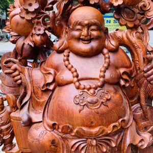 Di Lặc ngũ tiểu( ngũ phúc) vác đào đứng vàng gỗ hương