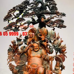 Di Lặc cửu tiểu vác đào đứng tùng gỗ trắc