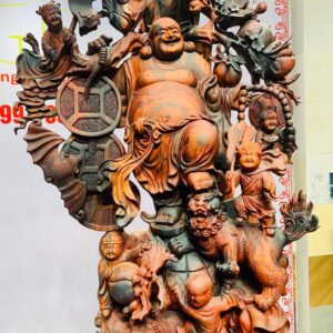Di Lặc cửu tiểu vác đào đứng tùng gỗ trắc