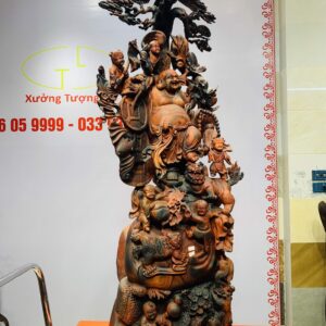 Di Lặc cửu tiểu vác đào đứng tùng gỗ trắc