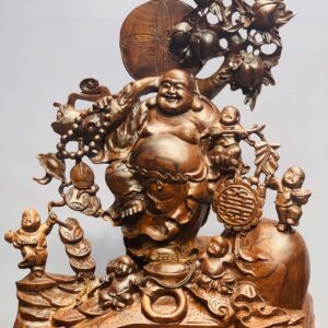 Di Lặc ngũ tiểu vác đào gỗ cẩm.