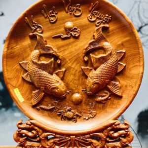 Tranh Đĩa Lý Ngư Vọng Nguyệt gỗ hương đá