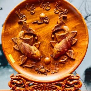 Tranh Đĩa Lý Ngư Vọng Nguyệt gỗ hương đá
