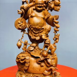 Di Lặc ngũ tiểu vác đào đứng nghê gỗ hương