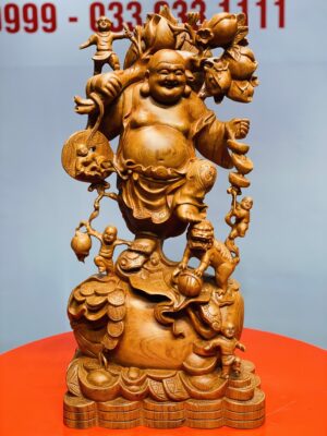 Di Lặc ngũ tiểu vác đào đứng nghê gỗ hương