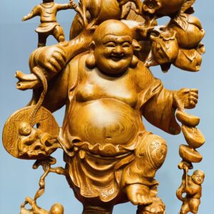 Di Lặc ngũ tiểu vác đào đứng nghê gỗ hương