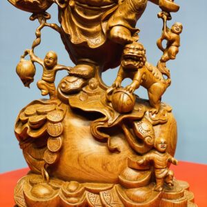 Di Lặc ngũ tiểu vác đào đứng nghê gỗ hương