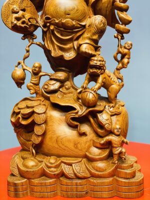 Di Lặc ngũ tiểu vác đào đứng nghê gỗ hương