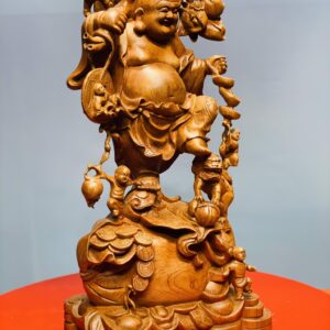 Di Lặc ngũ tiểu vác đào đứng nghê gỗ hương
