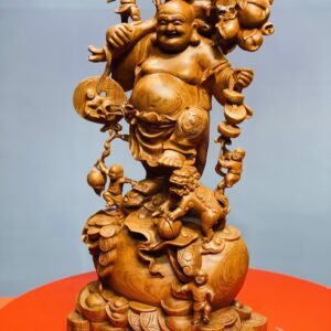 Di Lặc ngũ tiểu vác đào đứng nghê gỗ hương