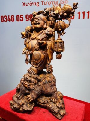 Tượng Di Lạc vác cành đào đứng Nghê Gỗ Sưa