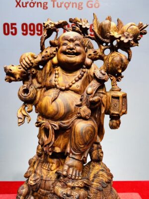 Tượng Di Lạc vác cành đào đứng Nghê Gỗ Sưa