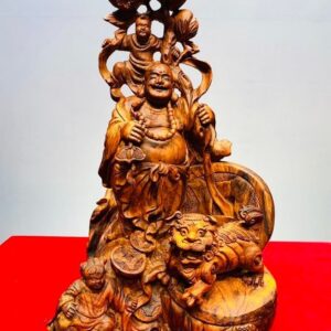 Tượng Di Lạc Nhị Tiểu vác cành đào đứng Nghê Gỗ Sưa