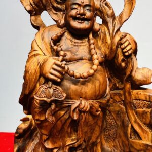 Tượng Di Lạc Nhị Tiểu vác cành đào đứng Nghê Gỗ Sưa