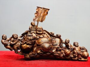 Di Lạc Ngũ Phúc Vác Gậy Như Ý Bên Nghê Gỗ Sưa