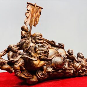 Di Lạc Ngũ Phúc Vác Gậy Như Ý Bên Nghê Gỗ Sưa